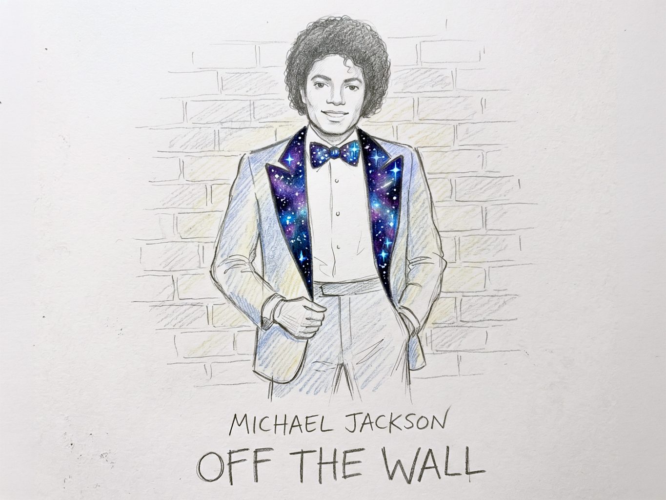 A pencil sketch of Michael Jackson’s "Off the Wall" album cover. It features a colorful, galaxy-patterned bowtie and lapels in a surrealist drawing style.