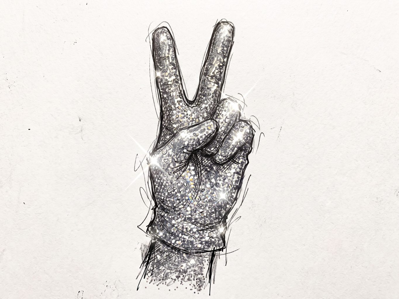 This sketch features a hand making a peace sign filled with shimmering silver glitter and bright lens flares, set in a sketchy, illustrative graphic art style.