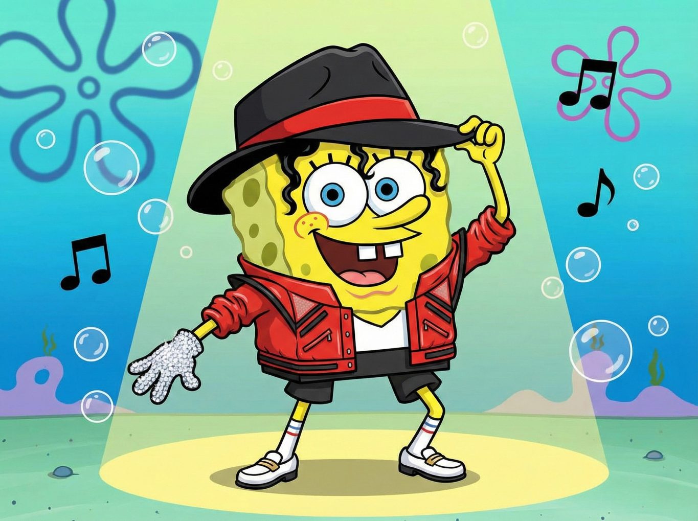 A cartoon drawing of SpongeBob SquarePants wearing Michael Jackson’s red Thriller jacket and fedora while posing under a spotlight on the ocean floor.