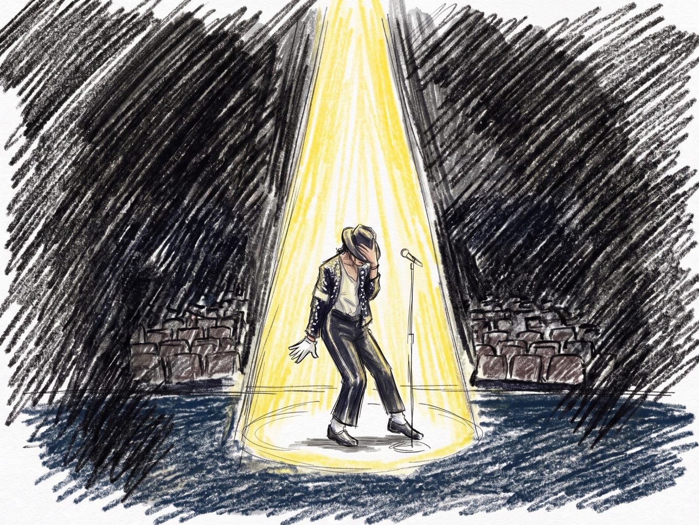 A colored pencil sketch illustrates Michael Jackson performing under a dramatic yellow spotlight on stage in front of empty theater seats.