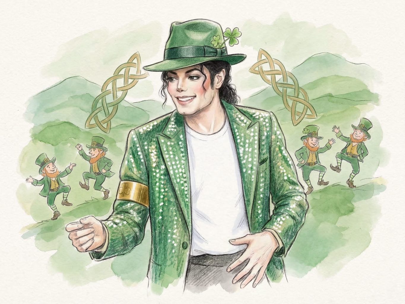 Watercolor art of Michael Jackson in a green sequined jacket and fedora, surrounded by dancing leprechauns and Celtic knots against misty hills. Festive and vibrant.