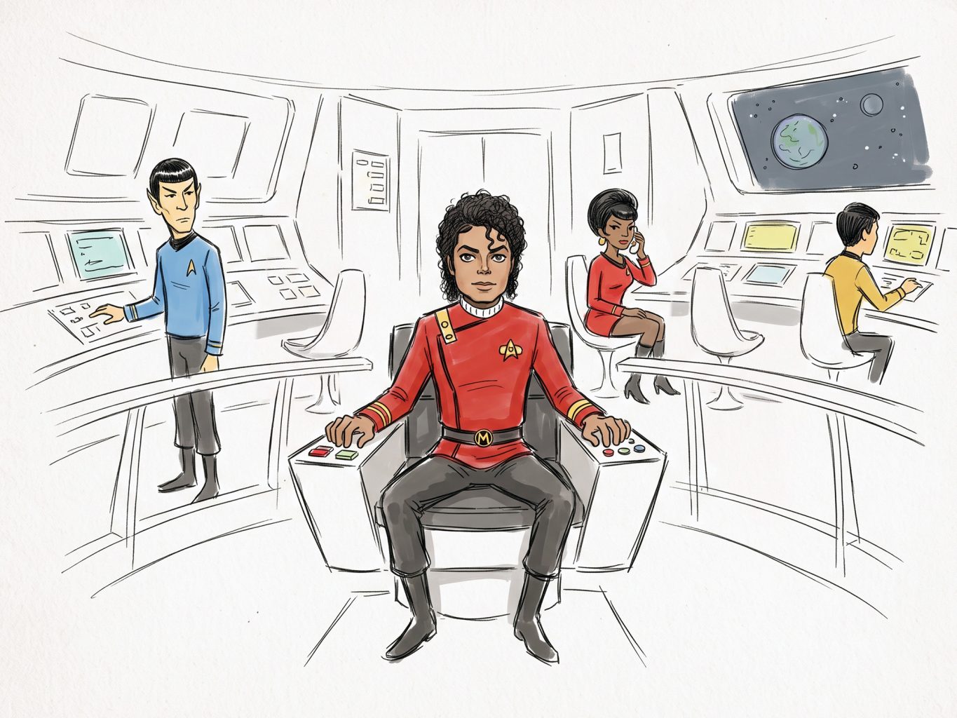Michael Jackson commands the starship Enterprise captain's chair alongside the original Star Trek crew in a clean, hand-drawn, cartoonish digital illustration style.