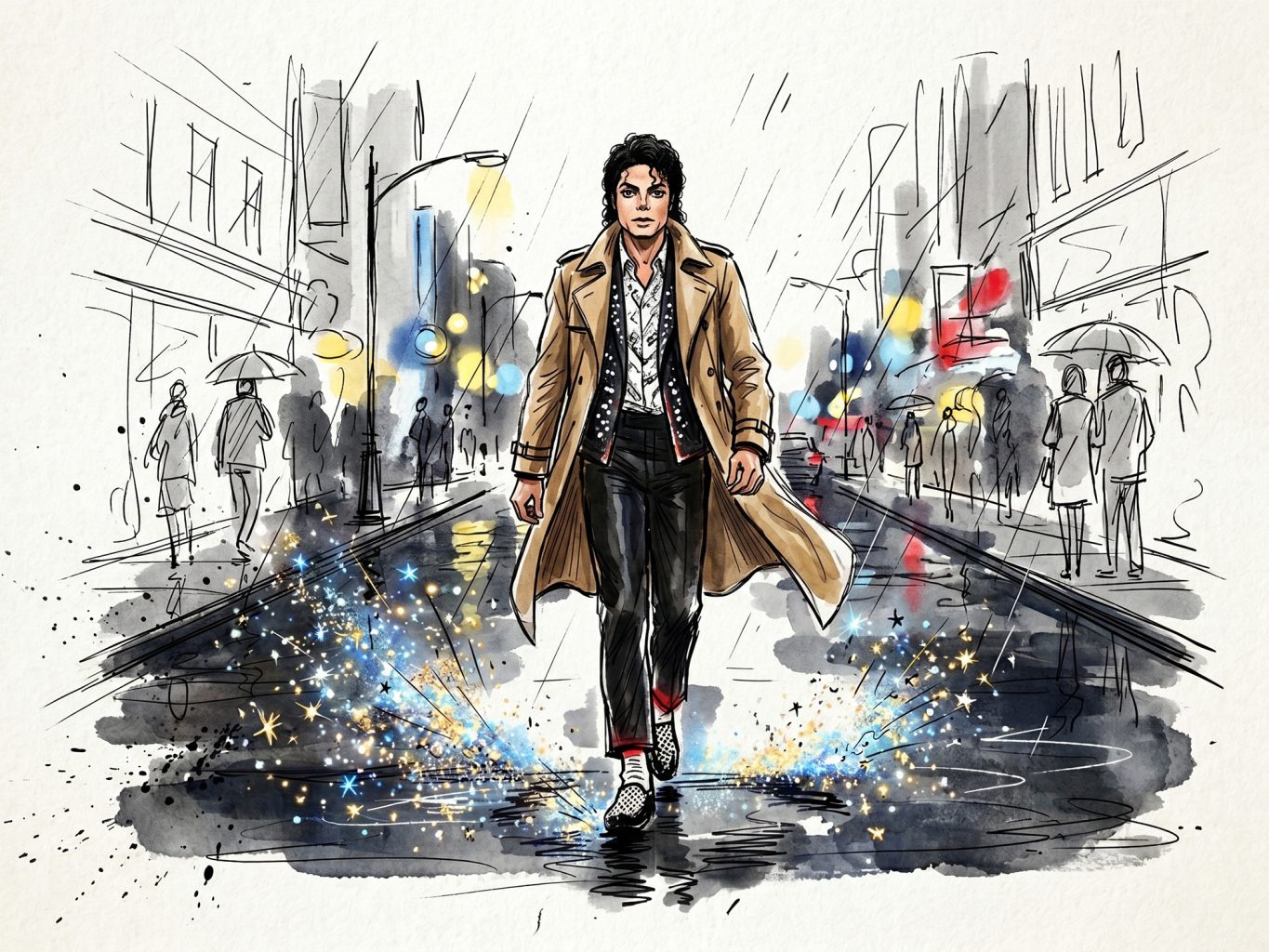 Watercolor fashion sketch of Michael Jackson in a trench coat, walking down a rainy city street. Sparkles trail his steps amid blurred ink lights.