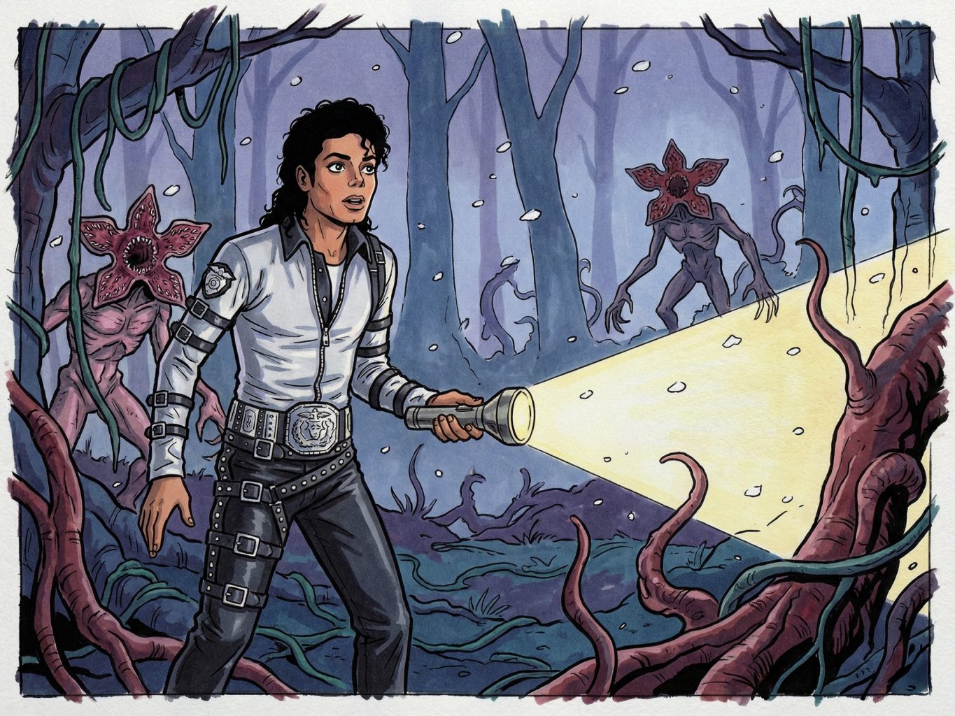 A vibrant marker art depicts Michael Jackson holding a flashlight while walking through the Upside Down from Stranger Things with several Demogorgons behind him.