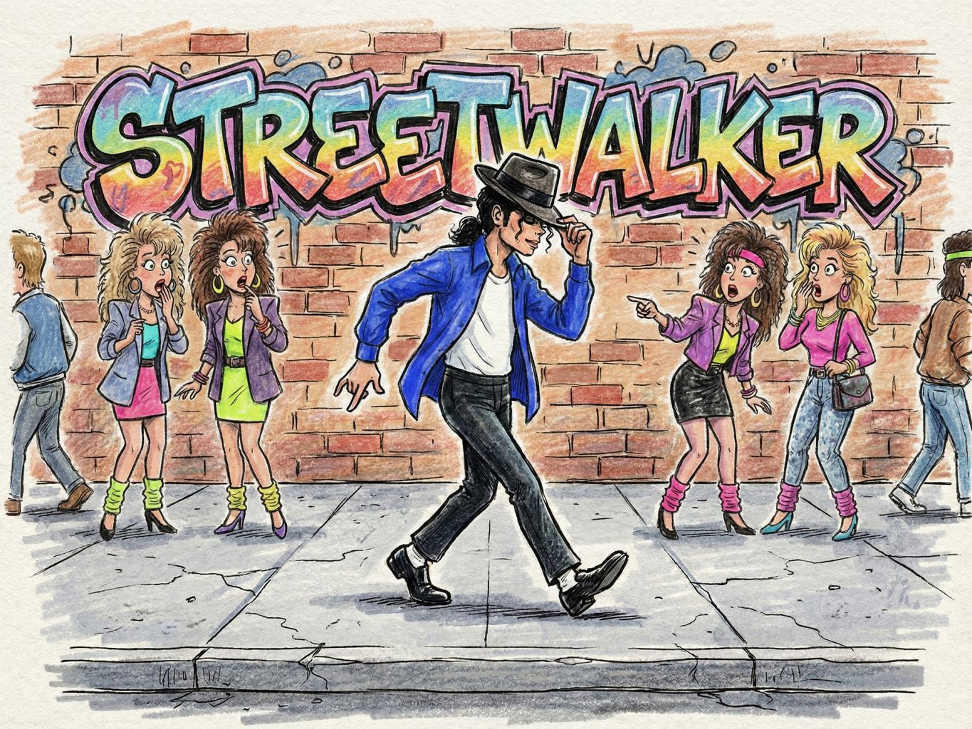 Michael Jackson illustration in the style of 80s cartoons. Features the "Streetwalker" graffiti mural and shocked onlookers in period-accurate attire.