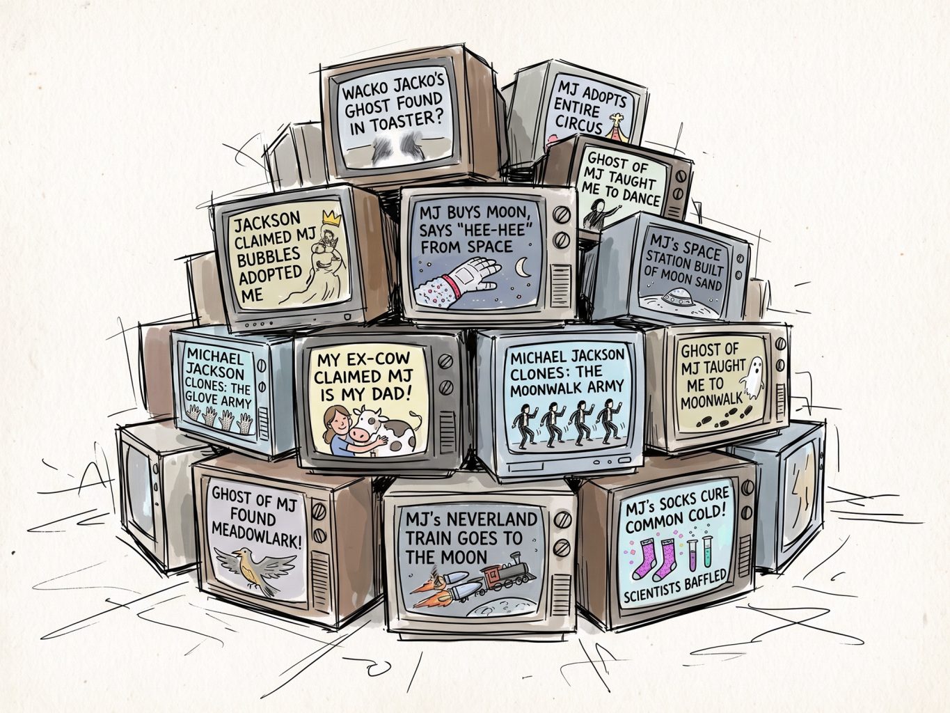 A satirical cartoon illustration showing a pile of retro TVs, each displaying absurd tabloid headlines about Michael Jackson in a sketch-like comic style.
