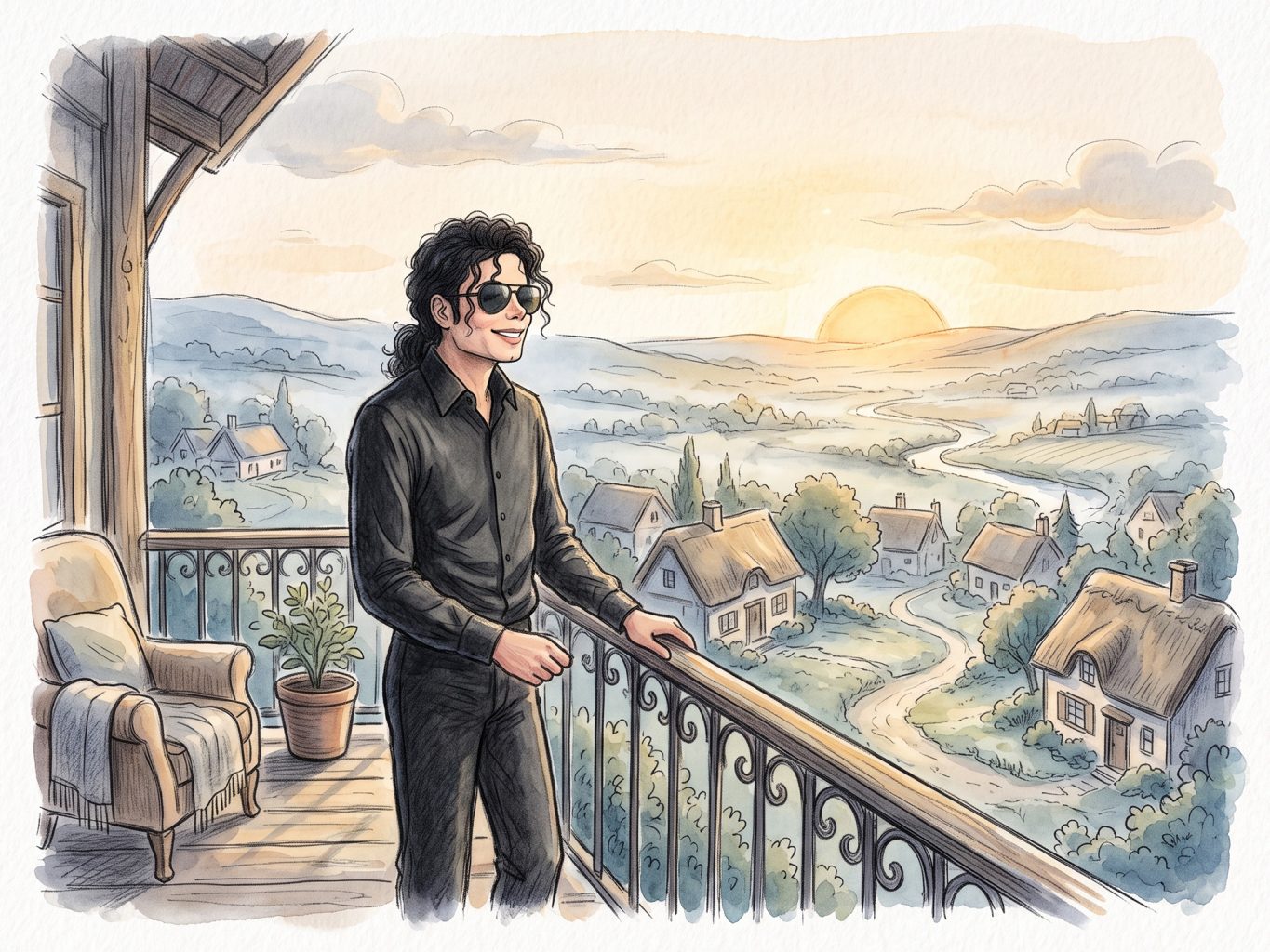 A watercolor illustration shows Michael Jackson in a black shirt and sunglasses, smiling from a balcony at sunrise over a scenic countryside village.