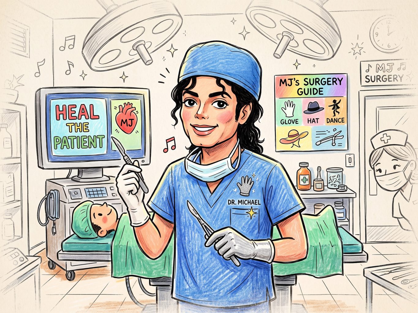 This colorful cartoon illustration depicts Michael Jackson as a surgeon in an operating room. It is rendered in a whimsical, colored pencil sketch art style.