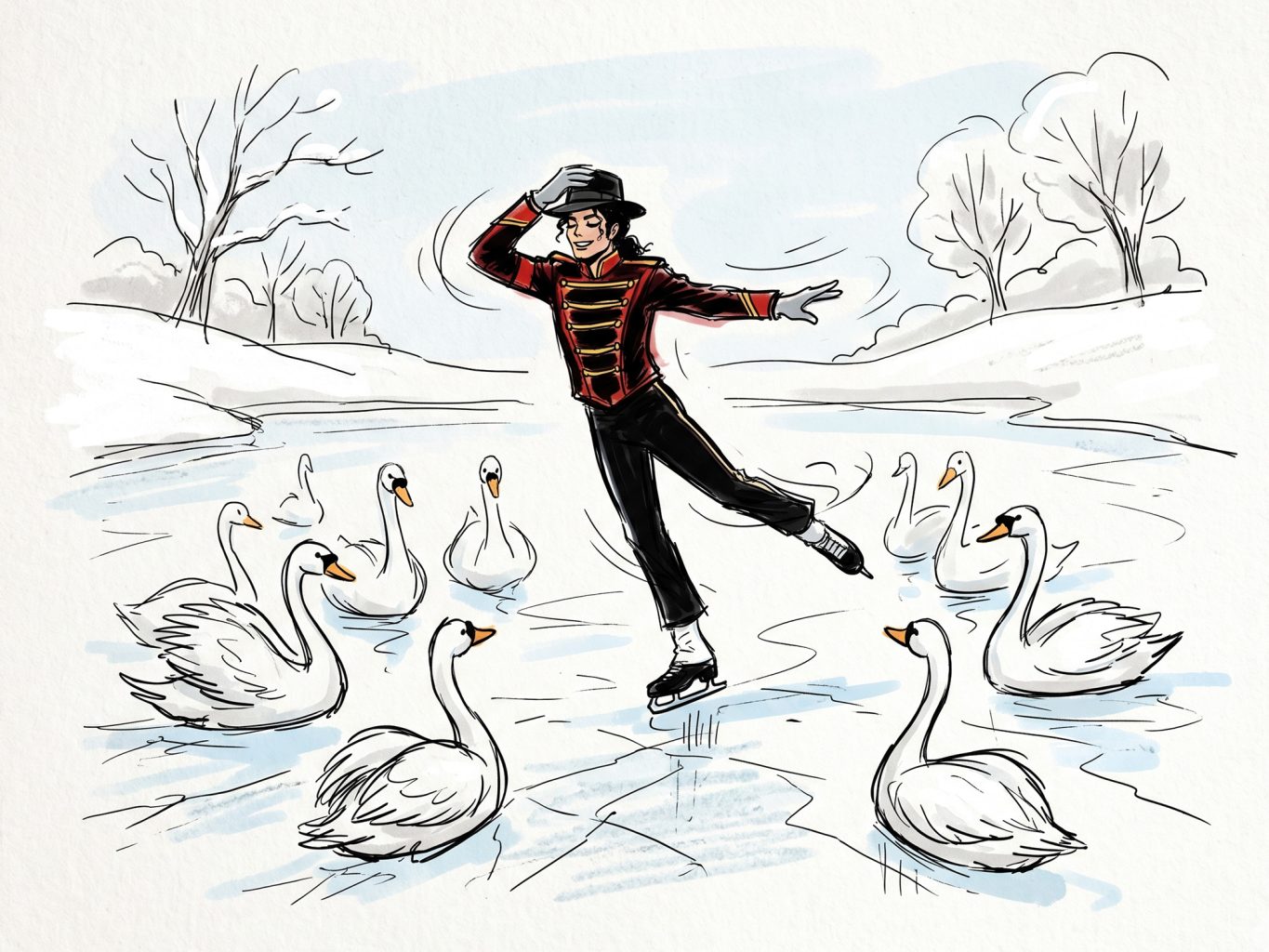 Ink and watercolor illustration of Michael Jackson figure skating on a frozen lake surrounded by swans, capturing a dynamic, expressive sketch style.