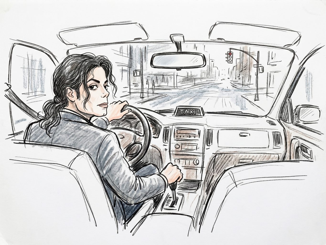 Sketch of Michael Jackson driving a cab, looking back from the front seat. The drawing uses a realistic, hand-drawn colored pencil and ink illustration style.