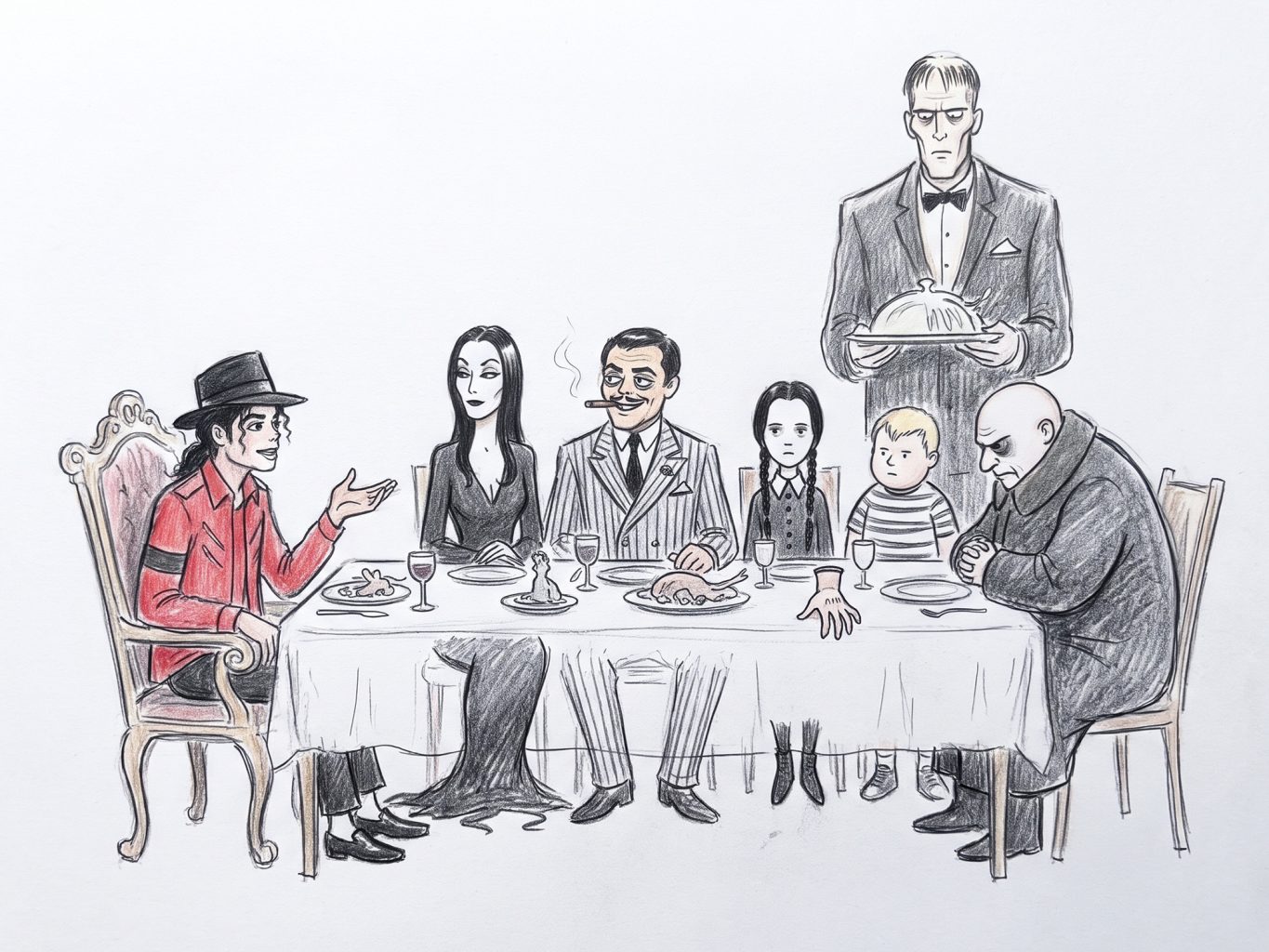 Michael Jackson dines with the Addams Family in a whimsical, hand-drawn colored pencil caricature illustration featuring clean ink outlines on white paper.