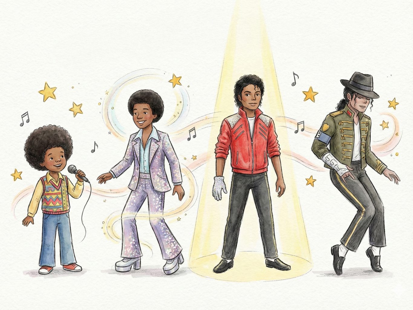 A whimsical watercolor painting shows four different versions of Michael Jackson from throughout his career, all standing together amidst musical notes and stars.