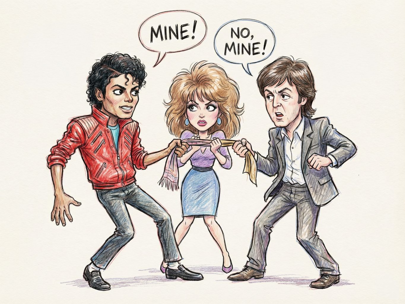 Caricature of Michael Jackson and Paul McCartney in a tug-of-war over a woman, referencing their duet. The colored pencil style uses expressive, sketch-like lines.