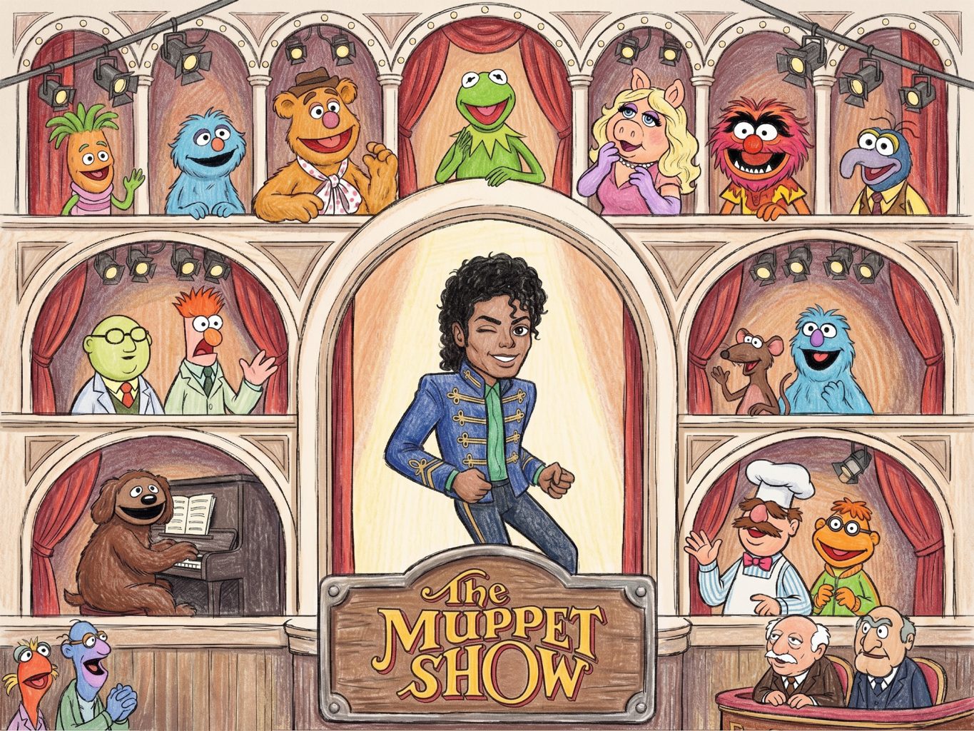 Hand-drawn in a colored pencil style, Michael Jackson performs on the Muppet Show stage. Classic Muppets watch from arches and boxes in a warm, whimsical tribute.