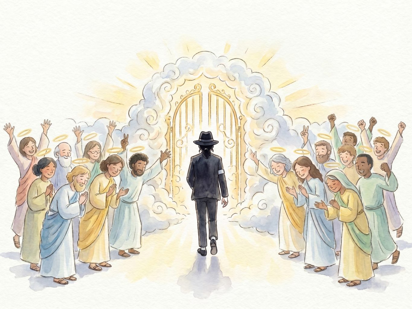 Watercolor art of Michael Jackson entering the pearly gates of heaven. Angels cheer and bow as he walks toward golden light in his iconic suit, hat, and armband.