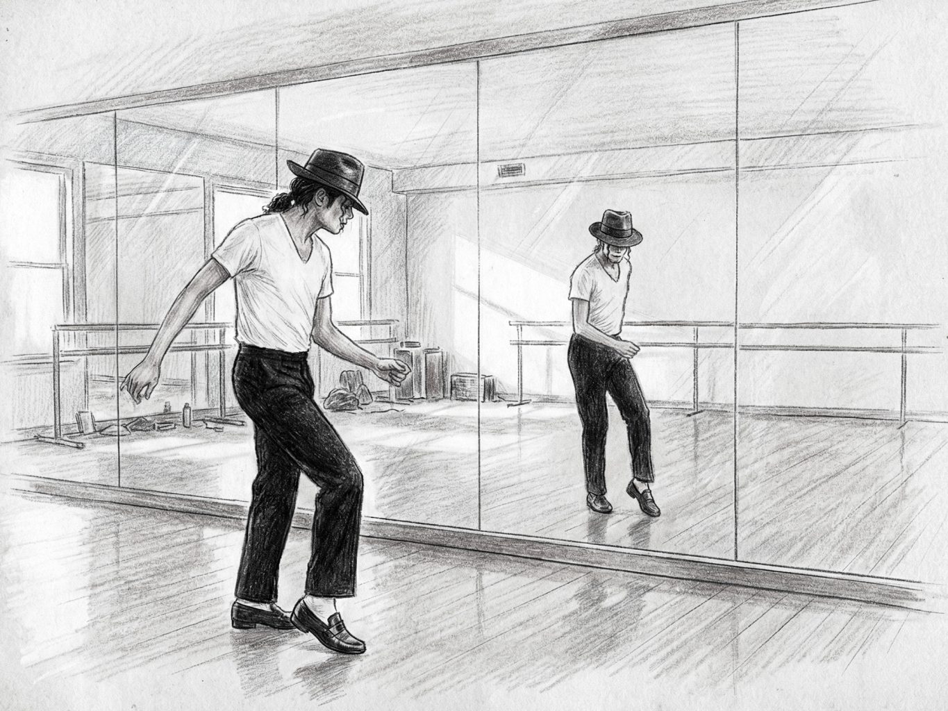 Pencil drawing of Michael Jackson rehearsing in a studio. He wears a fedora and loafers, caught mid-dance before a mirror. The style is realistic with soft shading.