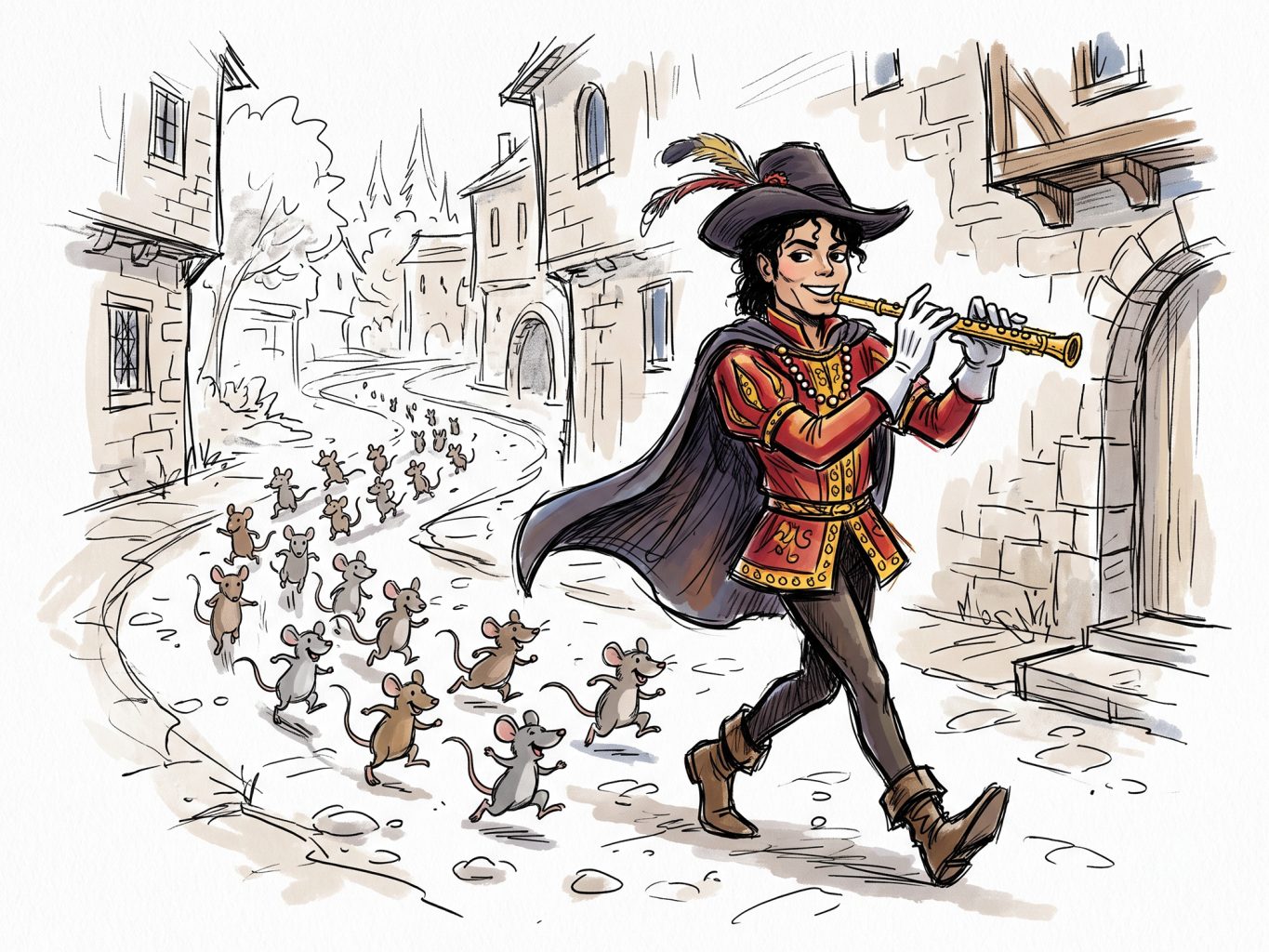 Michael Jackson as the Pied Piper plays a flute to lead a swarm of mice through a medieval town. Rendered in a colorful, ink-and-watercolor storybook sketch style.