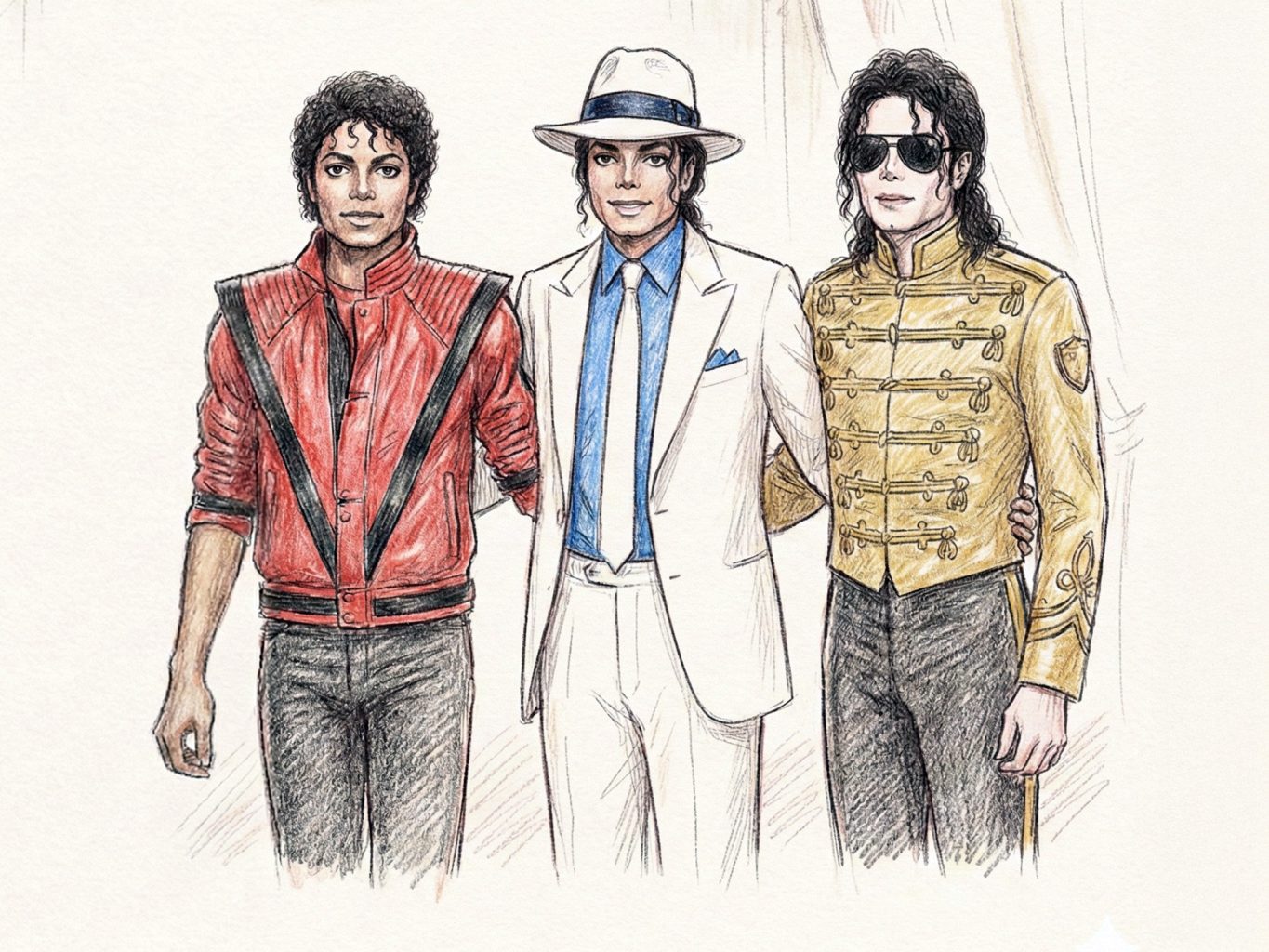 Colored pencil art depicts three versions of Michael Jackson wearing his Thriller and Smooth Criminal outfits, and a gold jacket, standing with their arms around each other.
