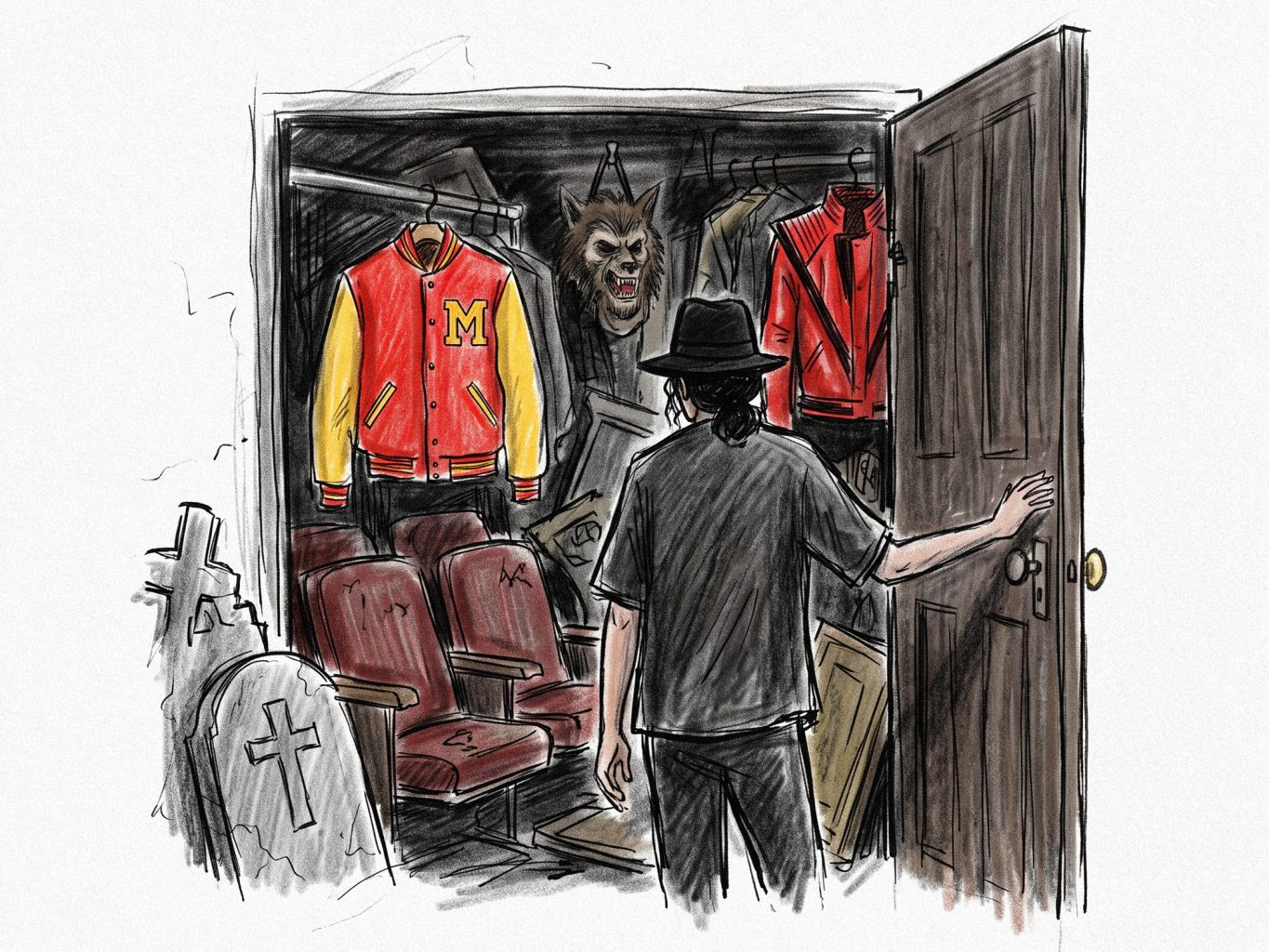 In a sketchy, hand-drawn illustration style, a figure in a hat opens a closet containing iconic Thriller jackets, a werewolf head, and movie seats.