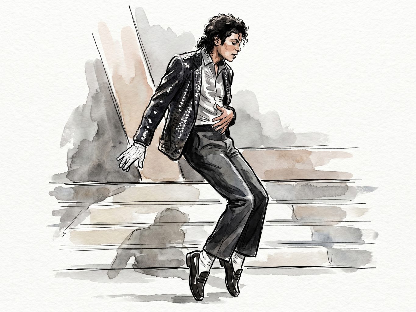Michael Jackson dances in a watercolor sketch. He wears a sequined jacket, white glove, and loafers, balancing on his toes in a classic, high-energy dance pose.