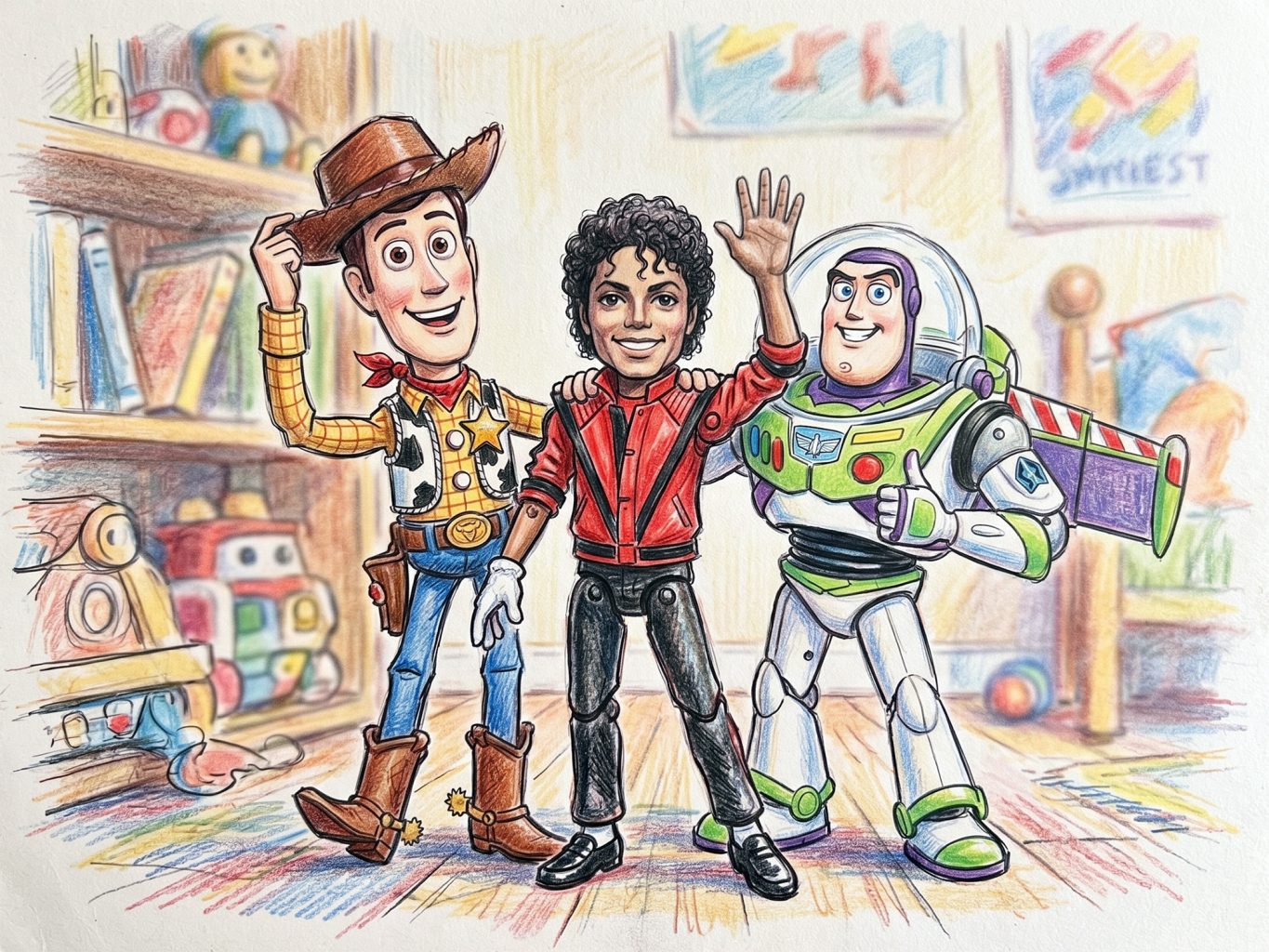 This colored pencil drawing features Woody, Buzz Lightyear, and Michael Jackson as toys in Andy's bedroom. A vibrant, sketchy illustration in Toy Story.jpg.