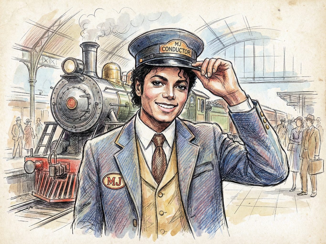 A watercolor and ink illustration with vintage detail shows Michael Jackson smiling as a train conductor, tipping his cap on a station platform beside a train.
