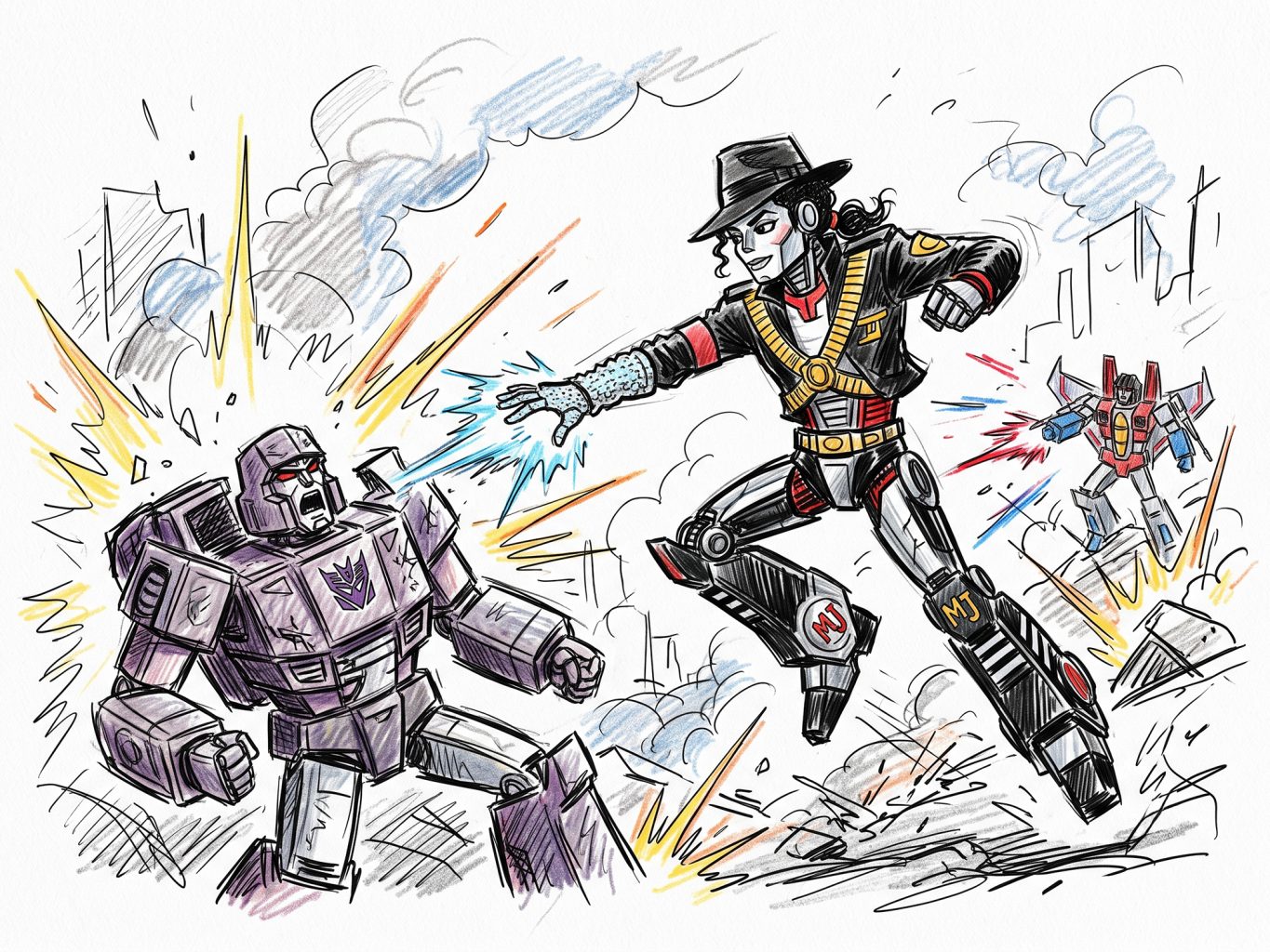 A dynamic colored pencil sketch showing a robotic Michael Jackson blasting Megatron with Starscream nearby in a vibrant, action-packed comic book illustration.