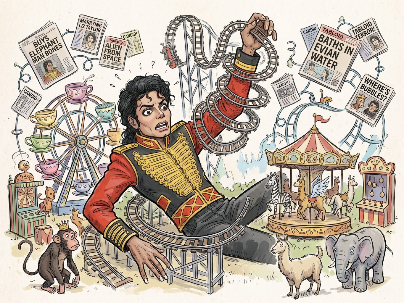 In Trapped.jpg, a comic illustration shows a stressed Michael Jackson bound by a roller coaster track at an amusement park surrounded by tabloid headlines.