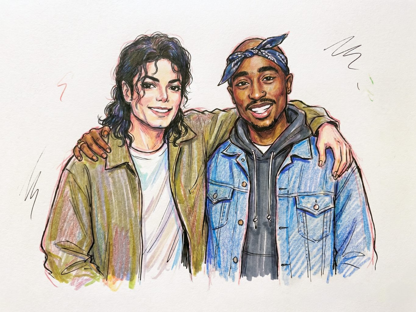 A colorful, hand-drawn sketch of Michael Jackson and Tupac Shakur smiling side by side with arms around each other in a vibrant portrait illustration.