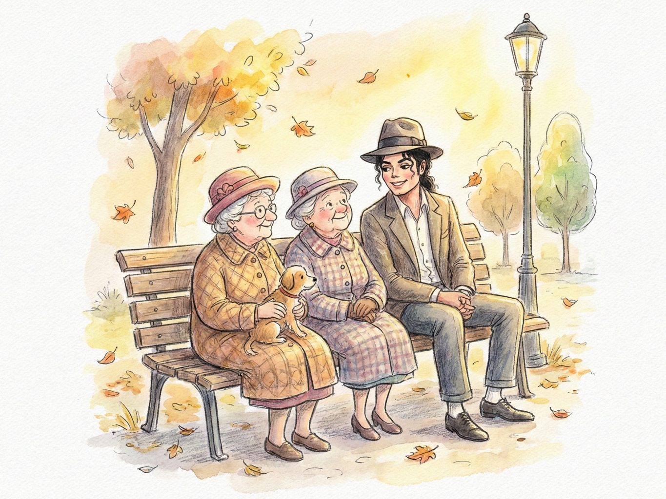 In this watercolor, Michael Jackson wears a fedora and sits on a park bench next to a lamppost, beside two elderly women and a small dog during a breezy autumn day.