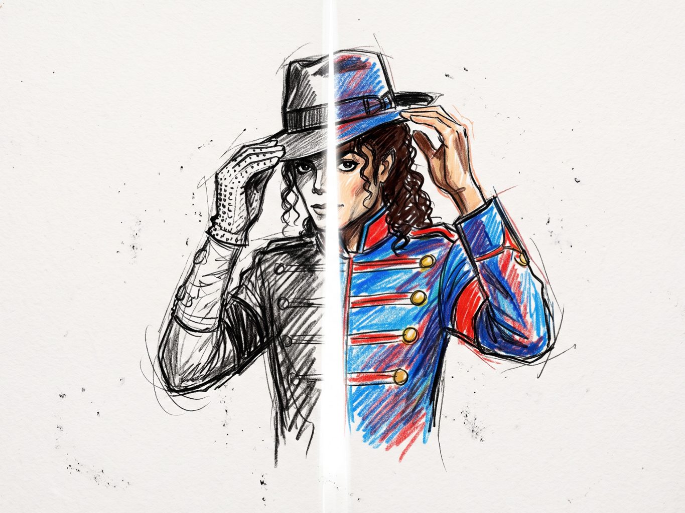 A split portrait of Michael Jackson, rendered in a sketch artistic style with pencil and colored marker, showing a monochrome side and a vibrant, colorful side.