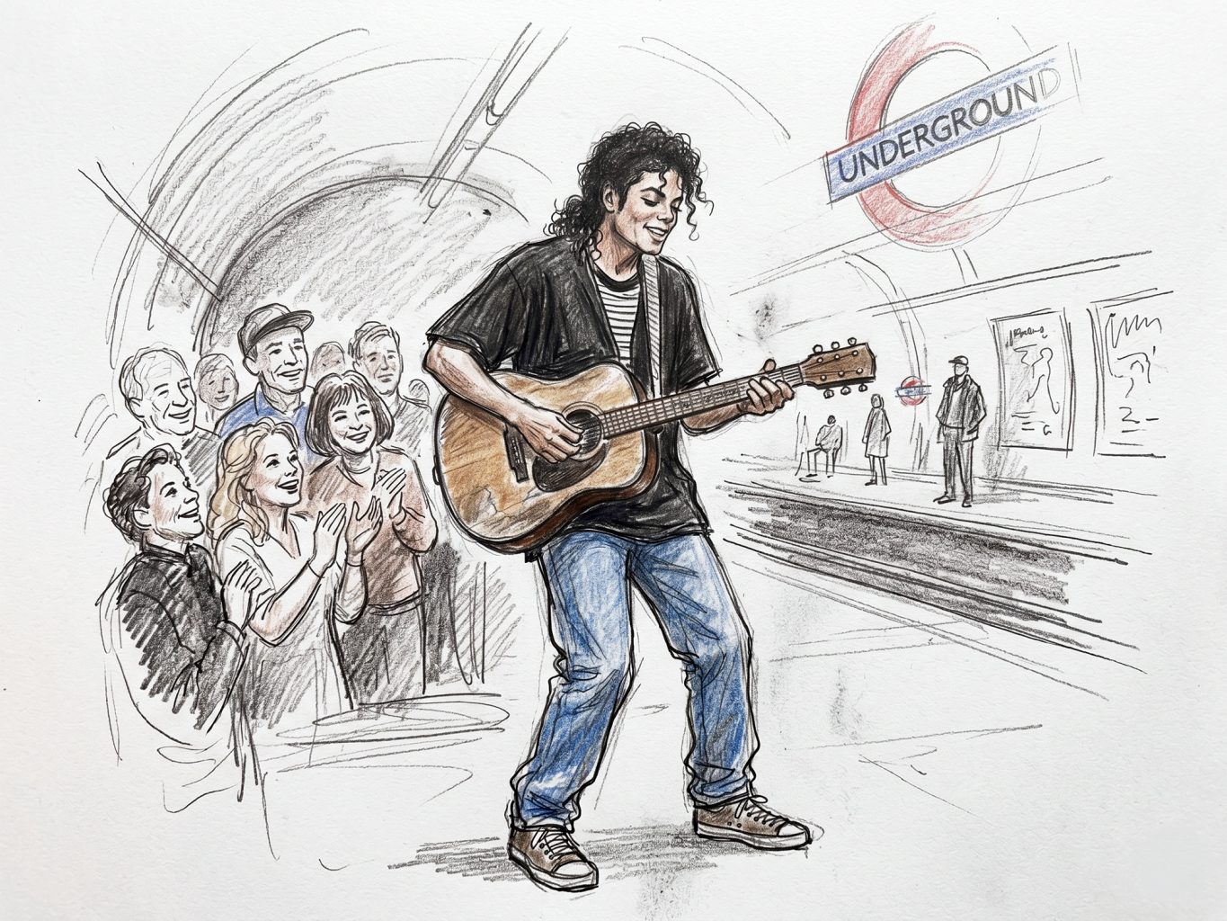 This colored pencil sketch depicts Michael Jackson busking with an acoustic guitar for a small London subway crowd, rendered in a realistic, hand-drawn art style.