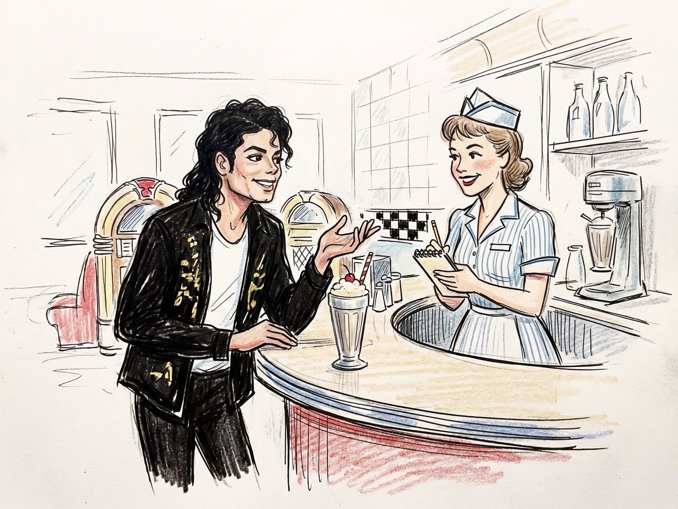 This sketch illustration depicts Michael Jackson at a retro 1950s diner counter, ordering from a smiling waitress. The artwork features soft colored pencil accents.