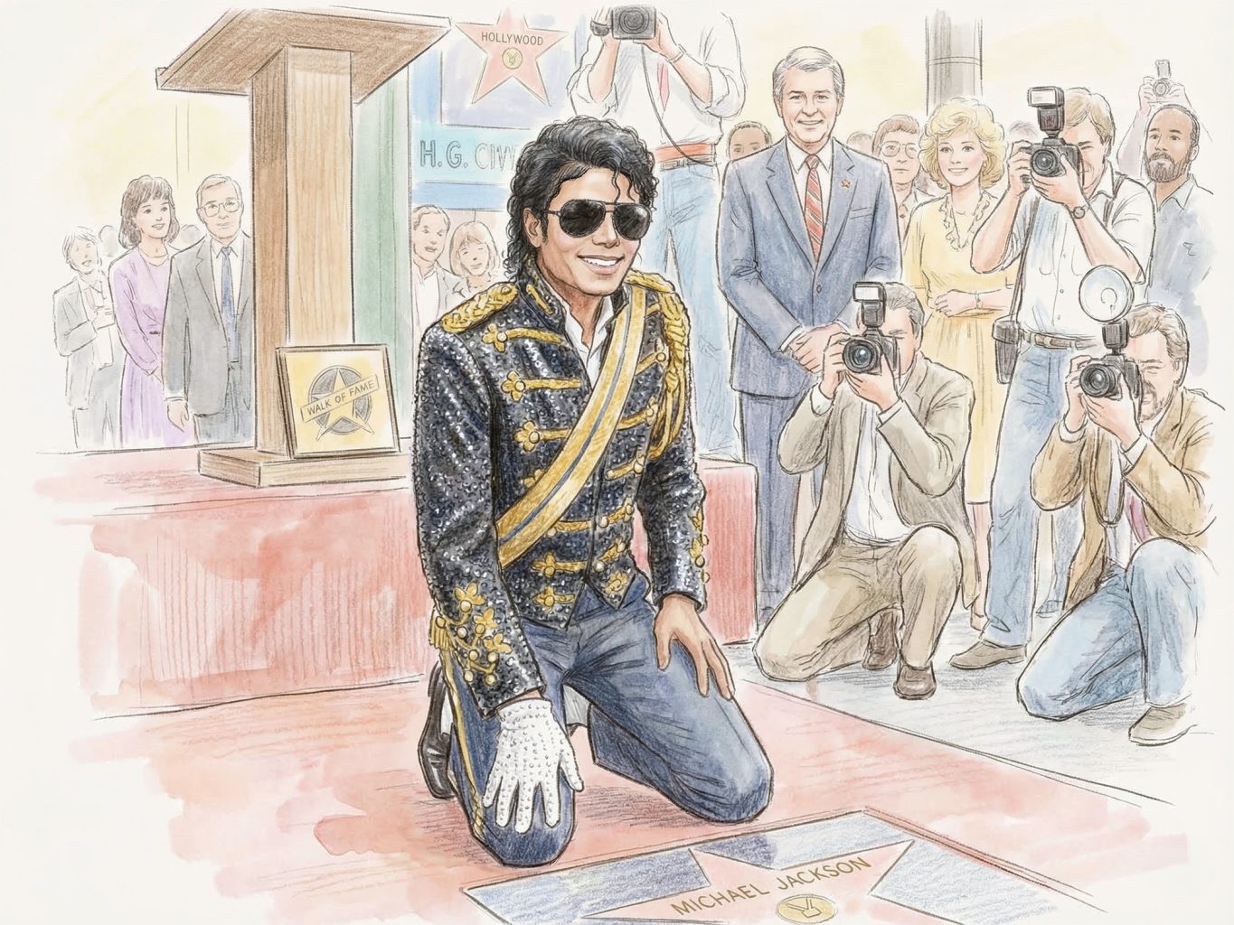 This watercolor and ink sketch shows Michael Jackson kneeling by his Hollywood Walk of Fame star. The light washes and fine lines capture a historic pop moment.