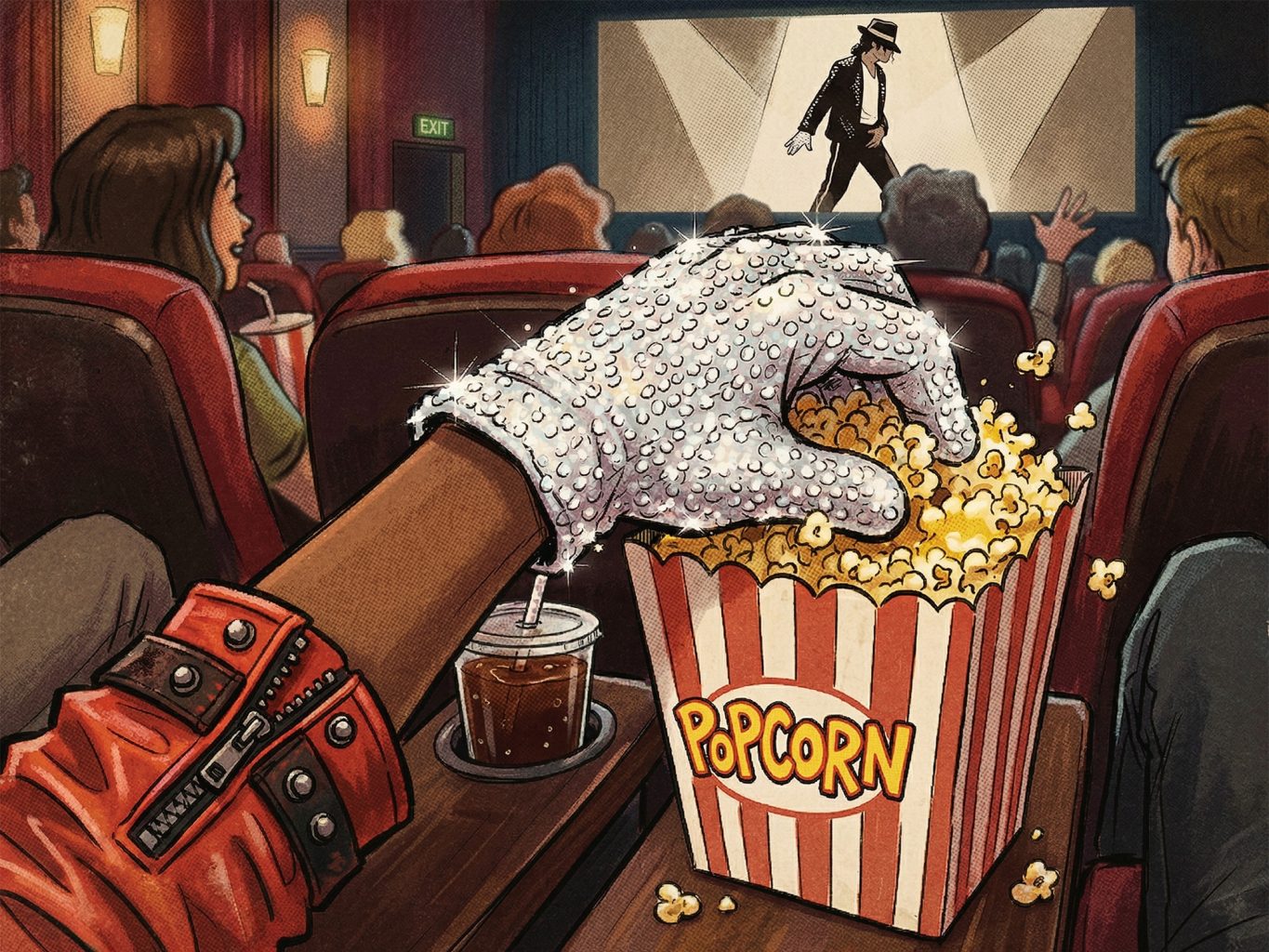In a grainy comic style, a hand in Michael Jackson’s iconic glove grabs popcorn in a theater while the King of Pop performs on the big screen. A nostalgic tribute.