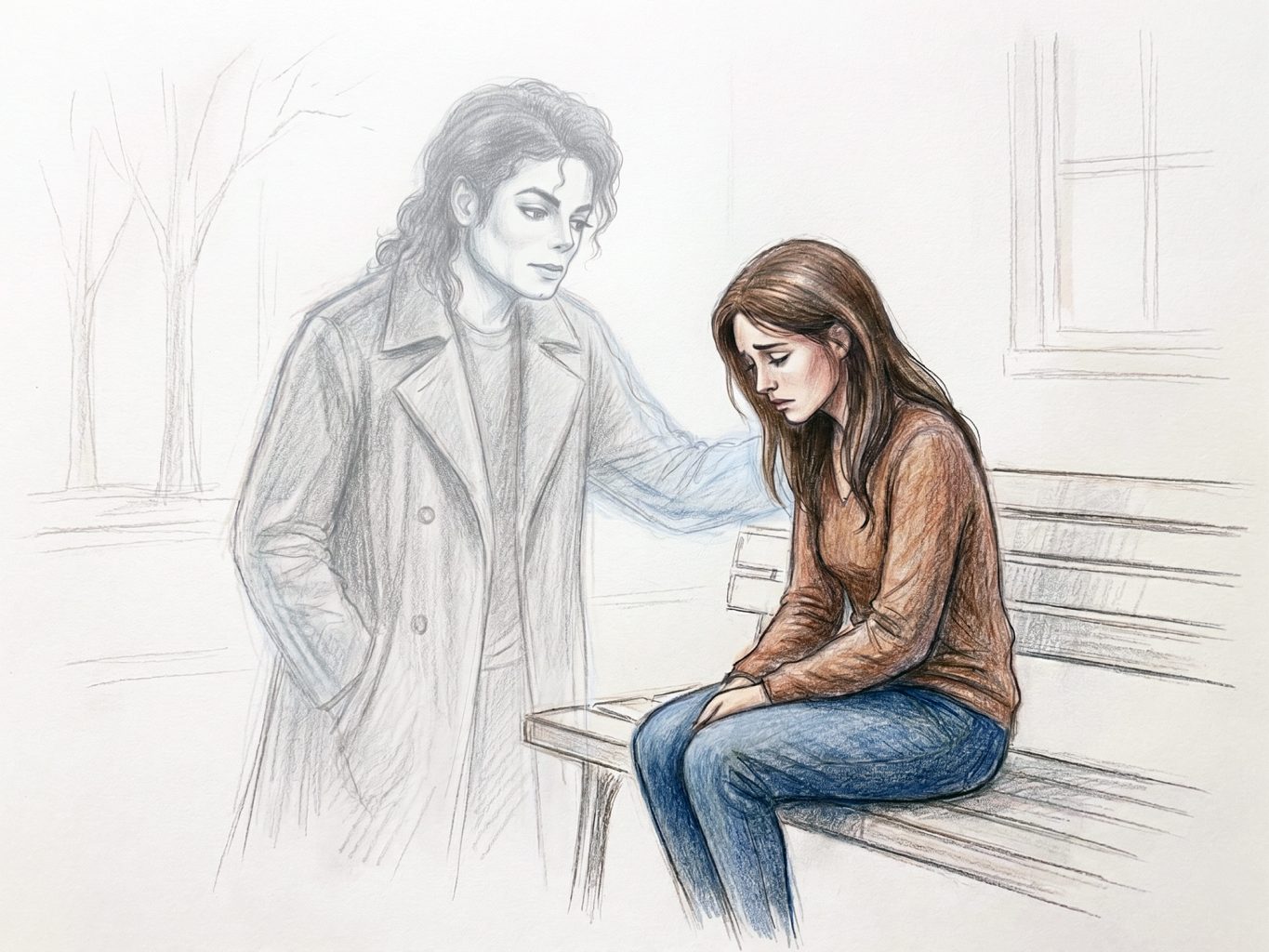 A pencil sketch shows Michael Jackson as a spectral figure comforting a sad woman on a bench. The style uses soft shading and ethereal blue tints for the ghost.