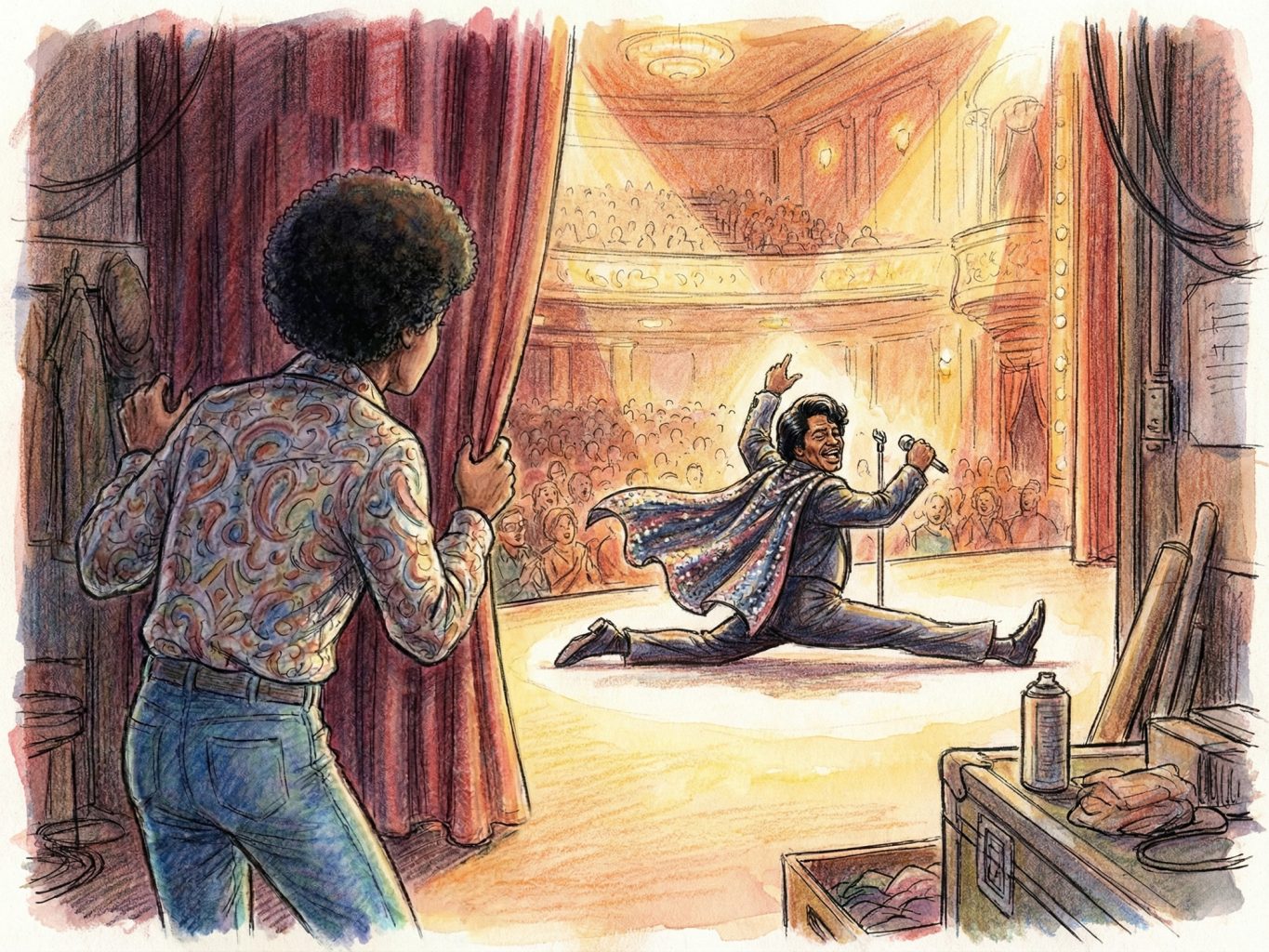 A watercolor and pencil illustration shows a young Michael Jackson peeking from backstage as James Brown performs a split. The style is nostalgic and cinematic.