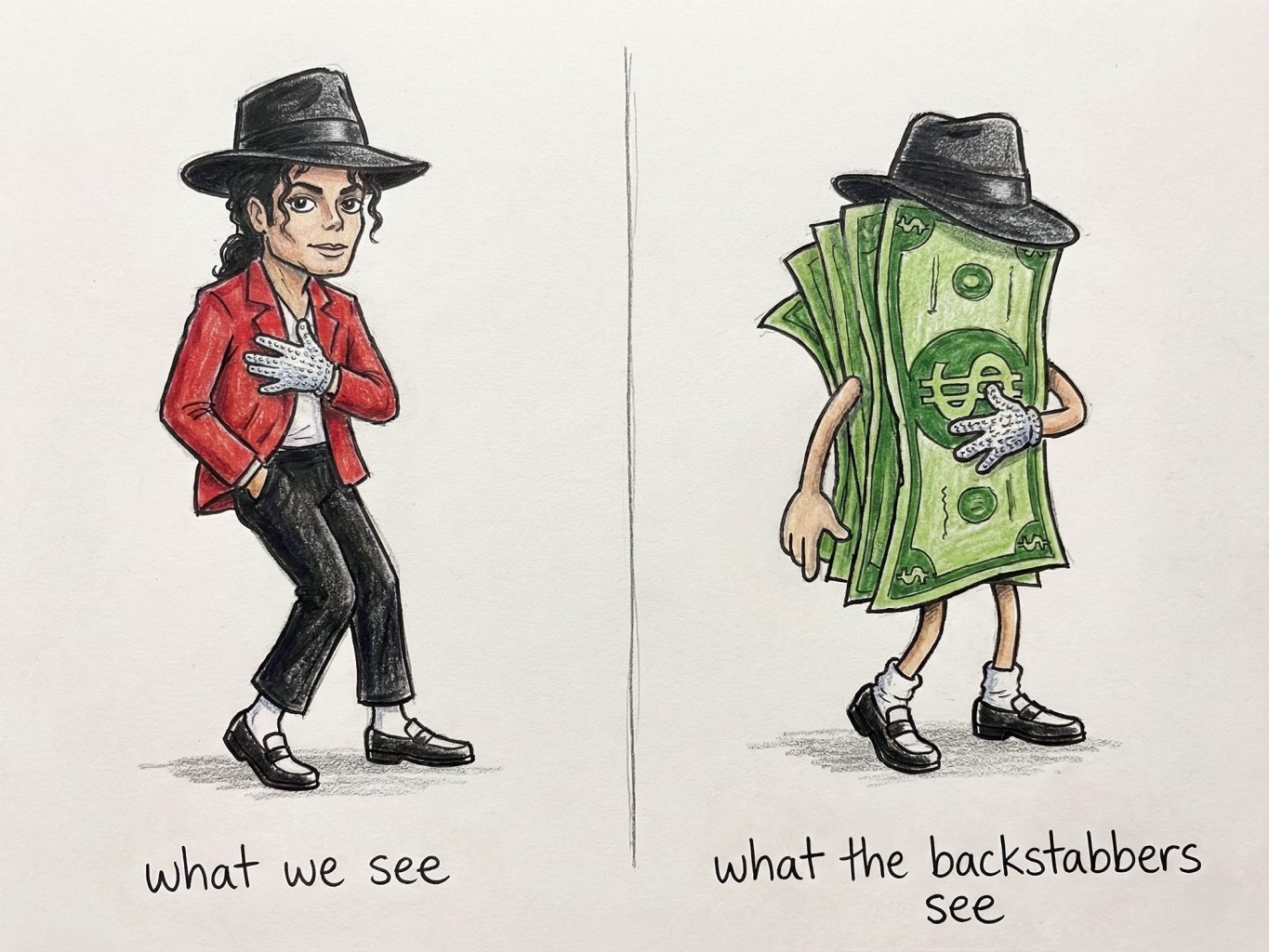 This MJ drawing contrasts a fan's view of a legend with a cynic's view of him as money. The cartoon style uses clean lines and colored pencils for a sharp look.