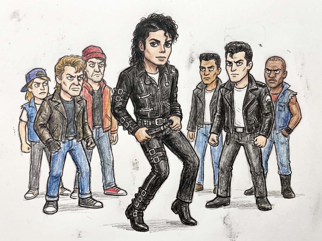 Michael Jackson leads a gang in this "Bad" era caricature. The hand-drawn sketch uses bold lines and colored pencils for a gritty, expressive, cartoonish style.