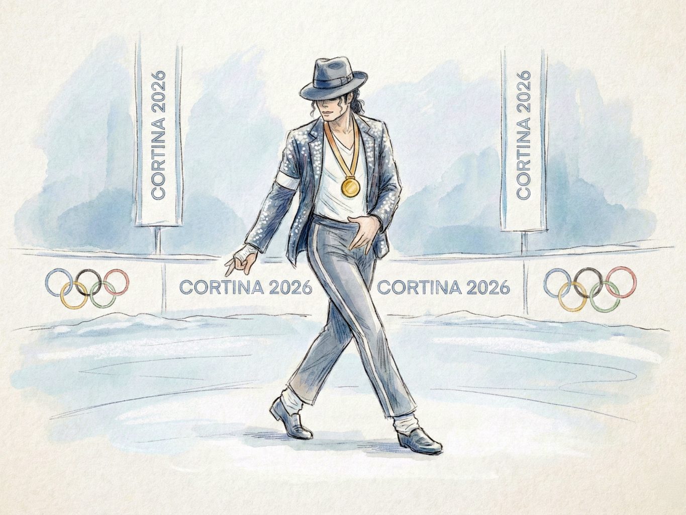 Michael Jackson illustration, watercolor style, wearing a medal, Cortina 2026 Olympics theme. He is dancing on ice with the Olympic rings in the background.