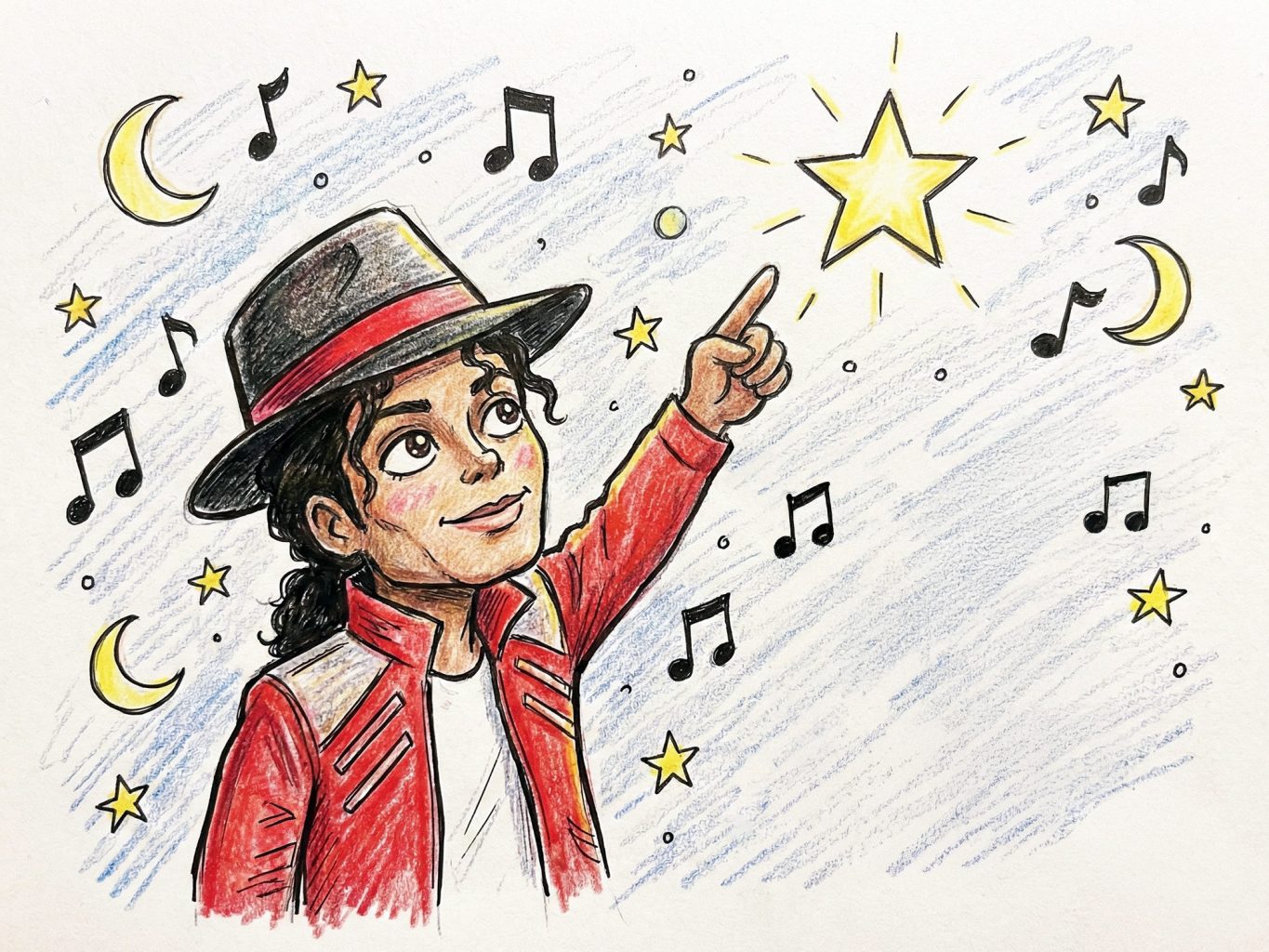 Vivid marker art depicts Michael Jackson in a red jacket and black fedora, smiling as he points toward a large, glowing star amid musical notes and crescents.