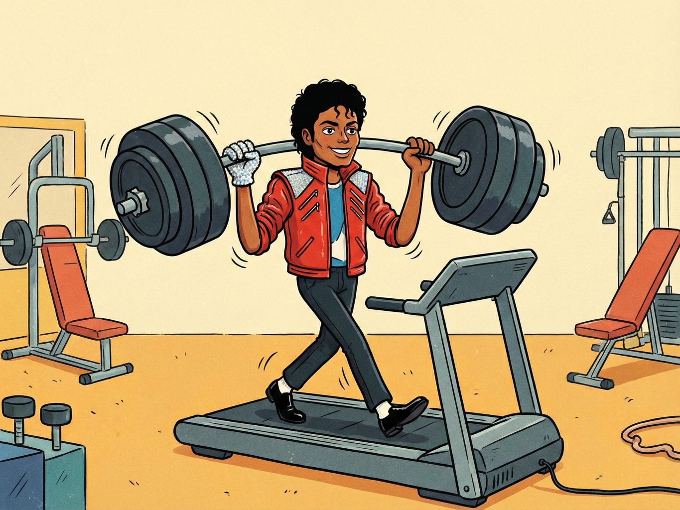 A playful cartoon-style illustration shows Michael Jackson smiling while walking on a treadmill, lifting a heavy barbell in a gym filled with workout equipment.