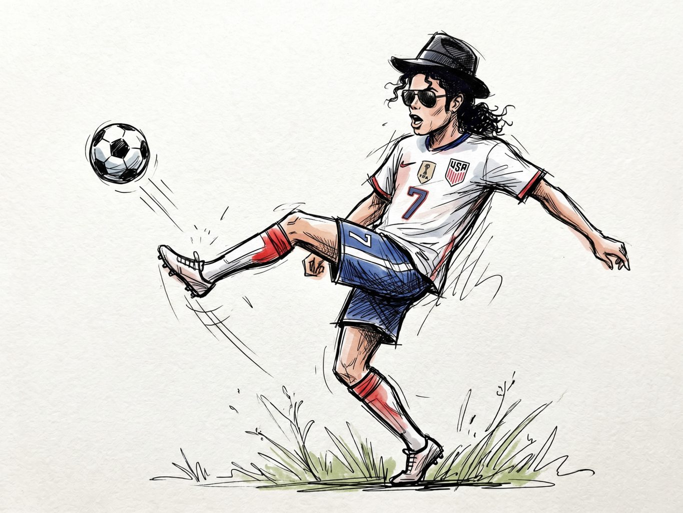 A dynamic, ink-and-watercolor sketch depicts Michael Jackson wearing a USA soccer kit and a fedora while kicking a soccer ball on a grassy patch.