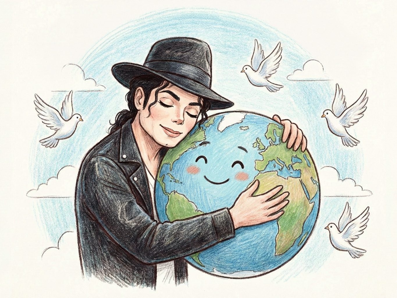 A colored pencil drawing shows Michael Jackson hugging a smiling Earth, surrounded by white doves. The art style is gentle, illustrative, and whimsical.