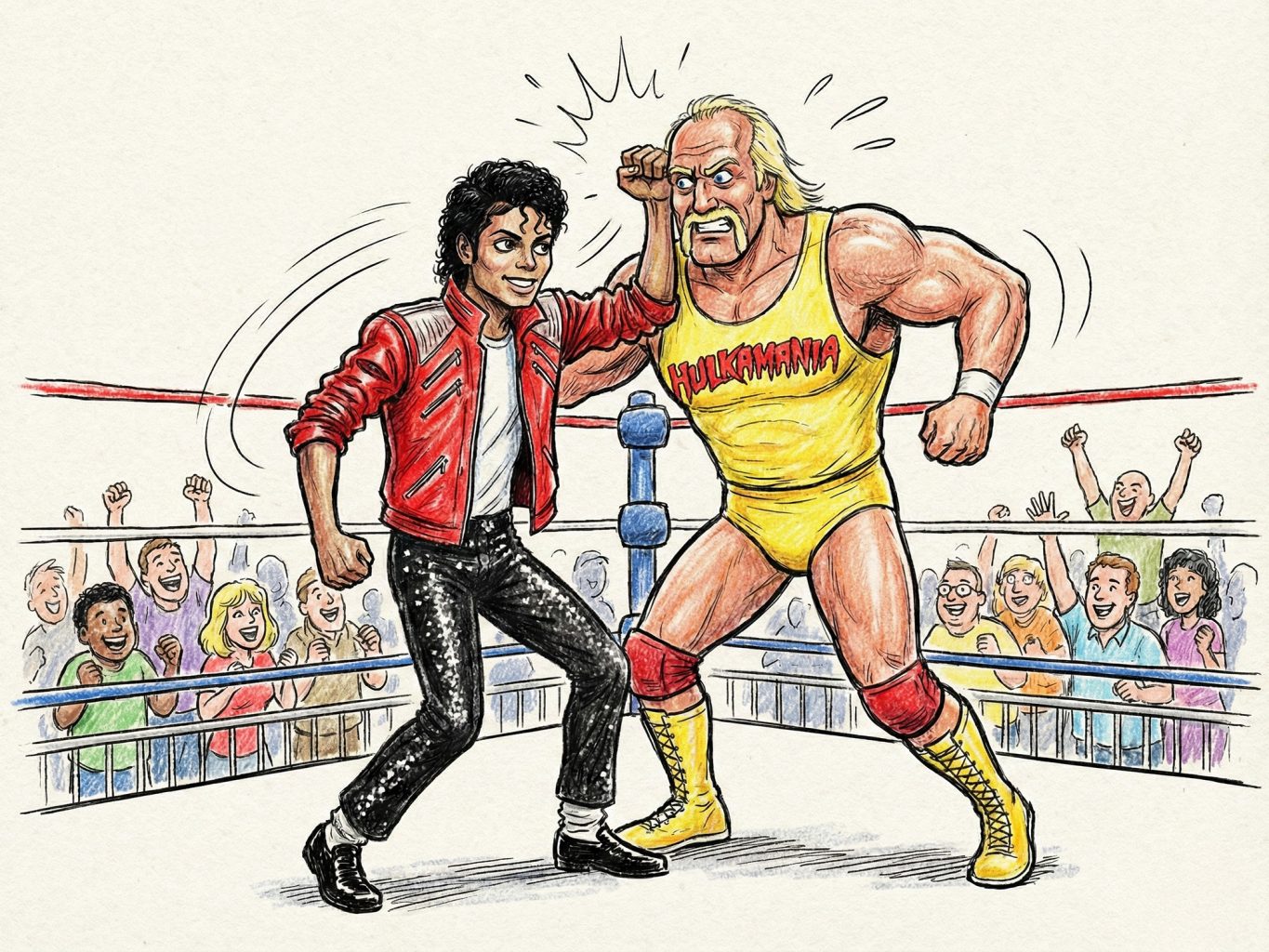 A vivid colored pencil art depicts Michael Jackson in a red jacket and sparkly black pants, punching Hulk Hogan in a wrestling ring during a lively match.