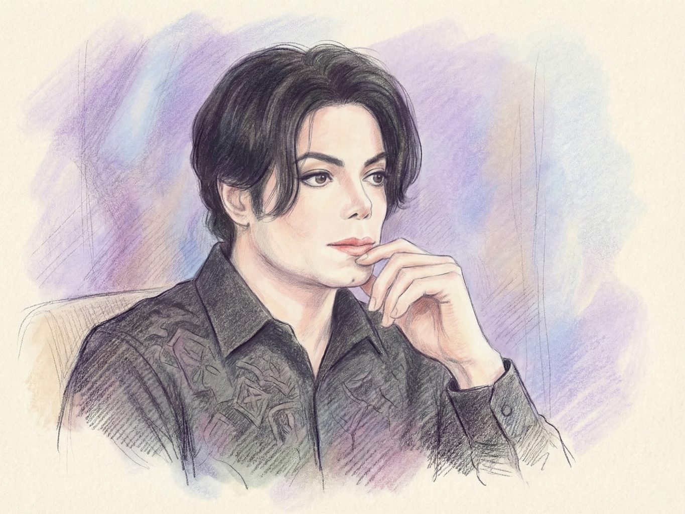 This soft colored pencil portrait depicts Michael Jackson in a pensive pose. Gentle strokes and a muted purple backdrop create a soulful, artistic aesthetic.