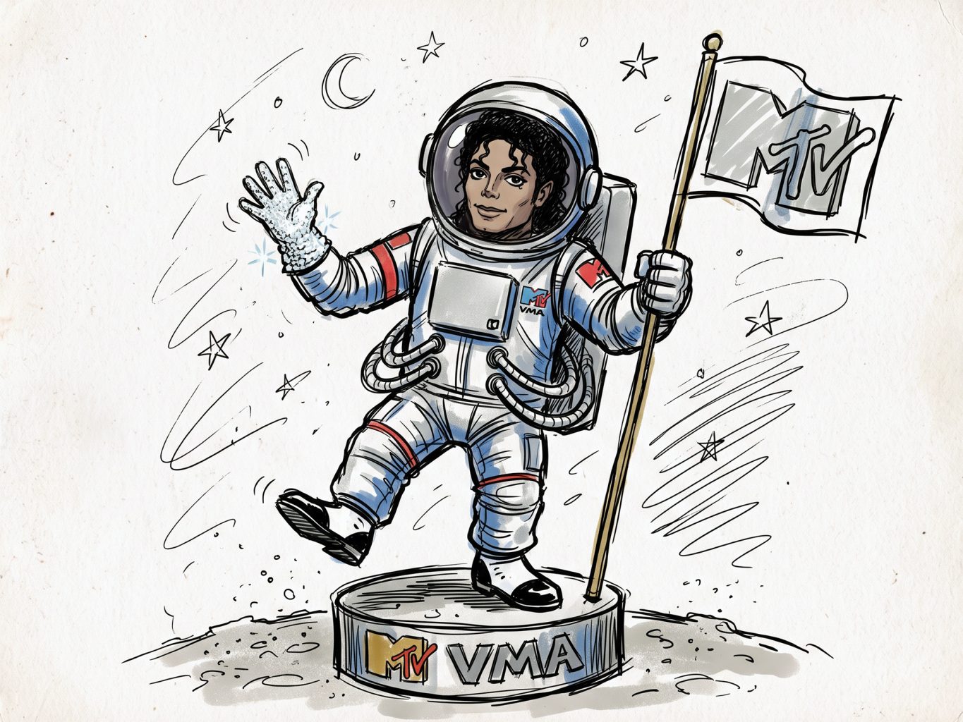 This stylized digital caricature illustrates Michael Jackson in a spacesuit as the MTV Moonman award, standing on a VMA pedestal holding a flag.